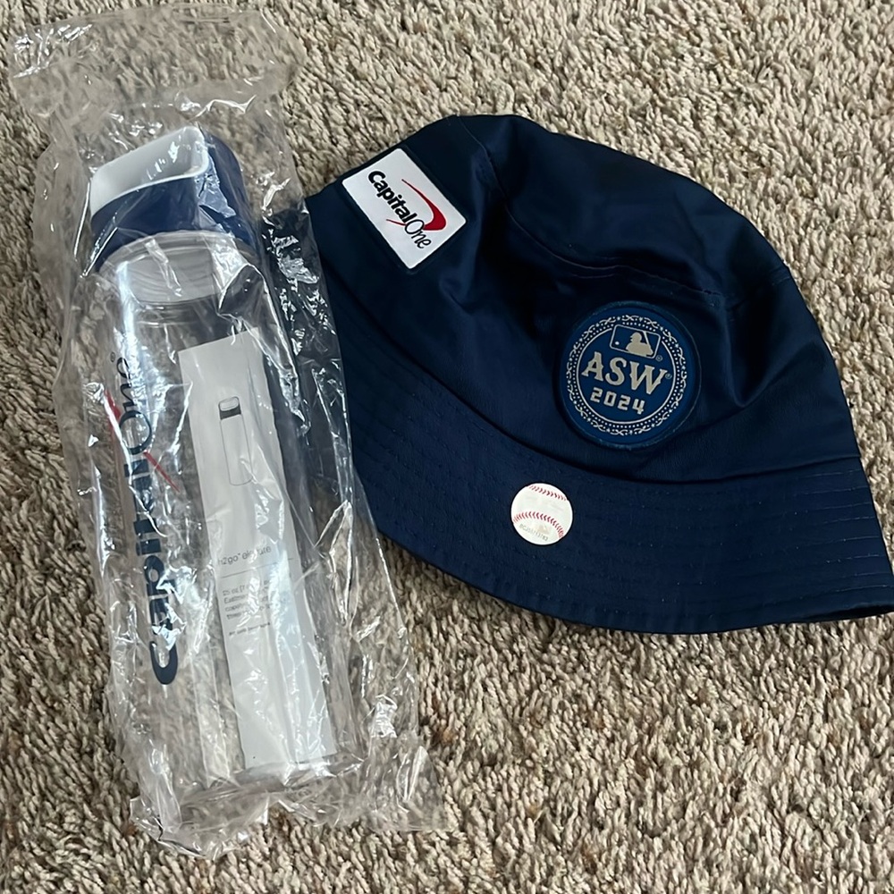 Capital One Bucket Hat and Plastic Water Bottle